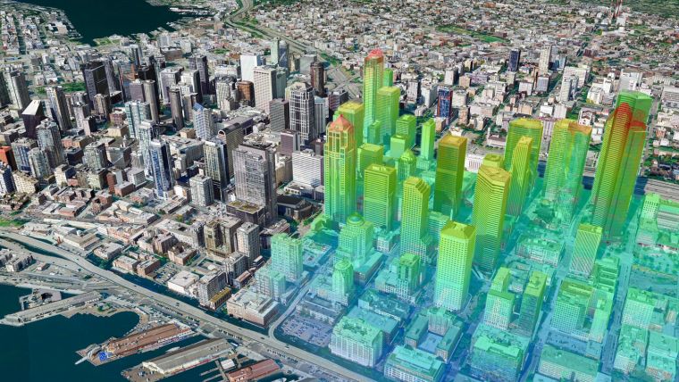 Visualisasi digital twin untuk kota pintar, menampilkan data real-time dari infrastruktur perkotaan dalam bentuk peta 3D.