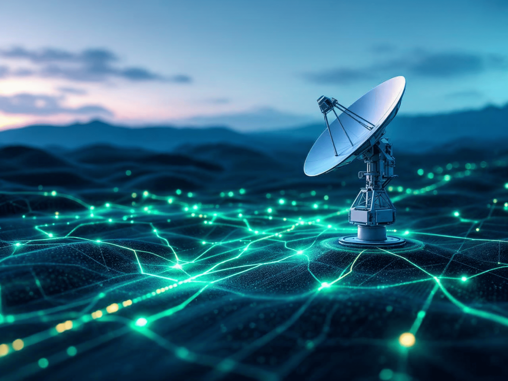 Ilustrasi konektivitas hybrid dengan terminal satelit LEO, router fiber, dan jaringan LTE yang tergabung dalam sistem link aggregation.